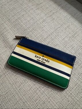 kate spade Navy, Green, Yellow and White Striped Zip Card Pouch
